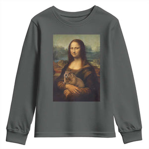 Mona Lisa Holding Groundhog Parody Painting Youth Sweatshirt Funny Groundhog Day TS11 Dark Heather Print Your Wear