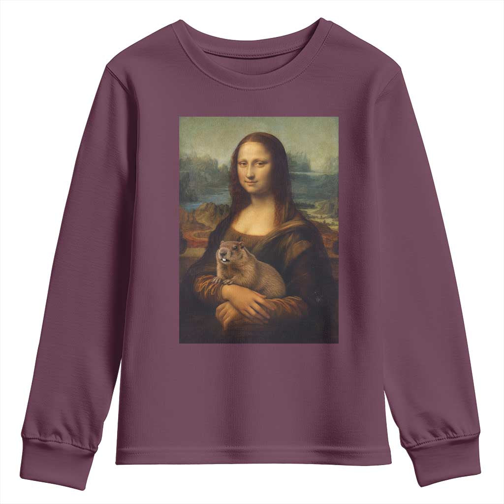 Mona Lisa Holding Groundhog Parody Painting Youth Sweatshirt Funny Groundhog Day TS11 Maroon Print Your Wear