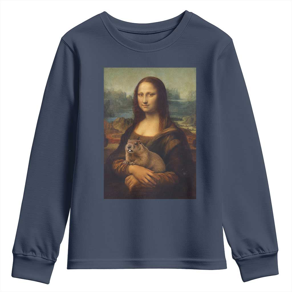 Mona Lisa Holding Groundhog Parody Painting Youth Sweatshirt Funny Groundhog Day TS11 Navy Print Your Wear