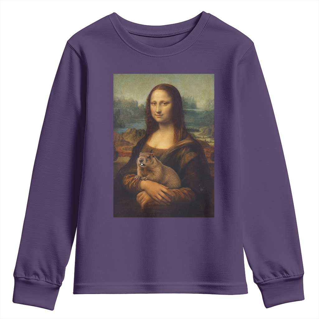 Mona Lisa Holding Groundhog Parody Painting Youth Sweatshirt Funny Groundhog Day TS11 Purple Print Your Wear