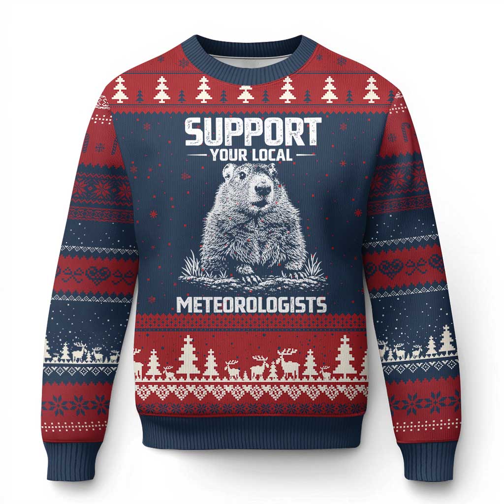 Funny Woodchuck Groundhog Day Ugly Christmas Sweater Support Your Local Meteorologists TS11 Navy Red Print Your Wear