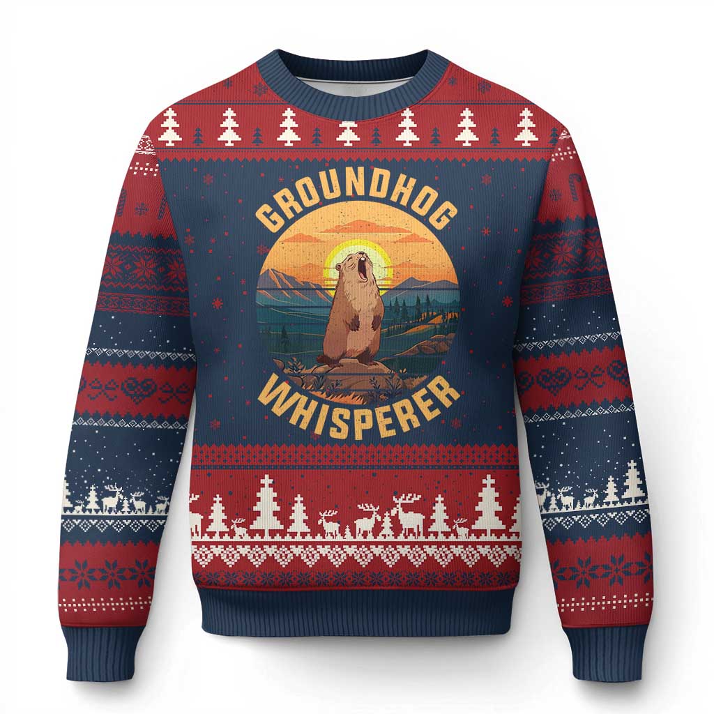 Funny Groundhog Whisperer Ugly Christmas Sweater Screaming Woodchuck Mountain Forest TS11 Navy Red Print Your Wear