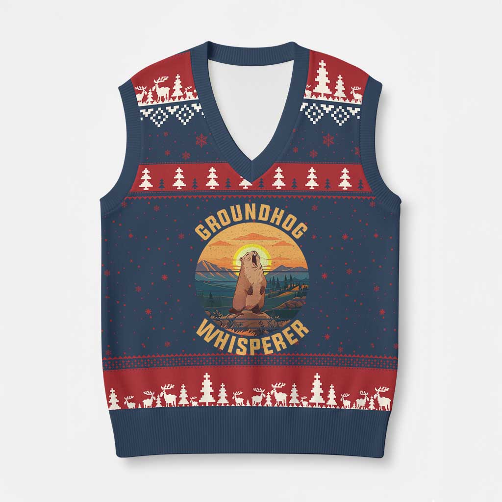 Funny Groundhog Whisperer V-Neck Knit Sweater Vest Screaming Woodchuck Mountain Forest TS11 Navy Red Print Your Wear
