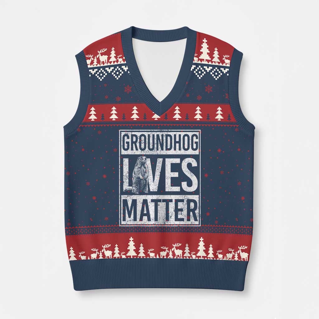 Groundhog Lives Matter V-Neck Knit Sweater Vest Funny Woodchuck Groundhog Day TS11 Navy Red Print Your Wear