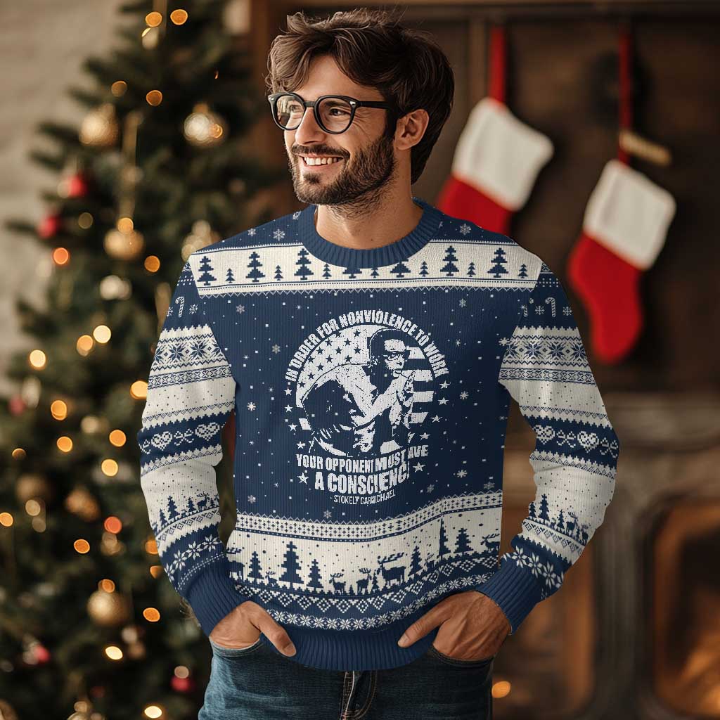 Stokely Carmichael Quote Ugly Christmas Sweater In Order For Nonviolence To Work Your Opponent Must Have A Conscience TS11 Navy Beige Print Your Wear