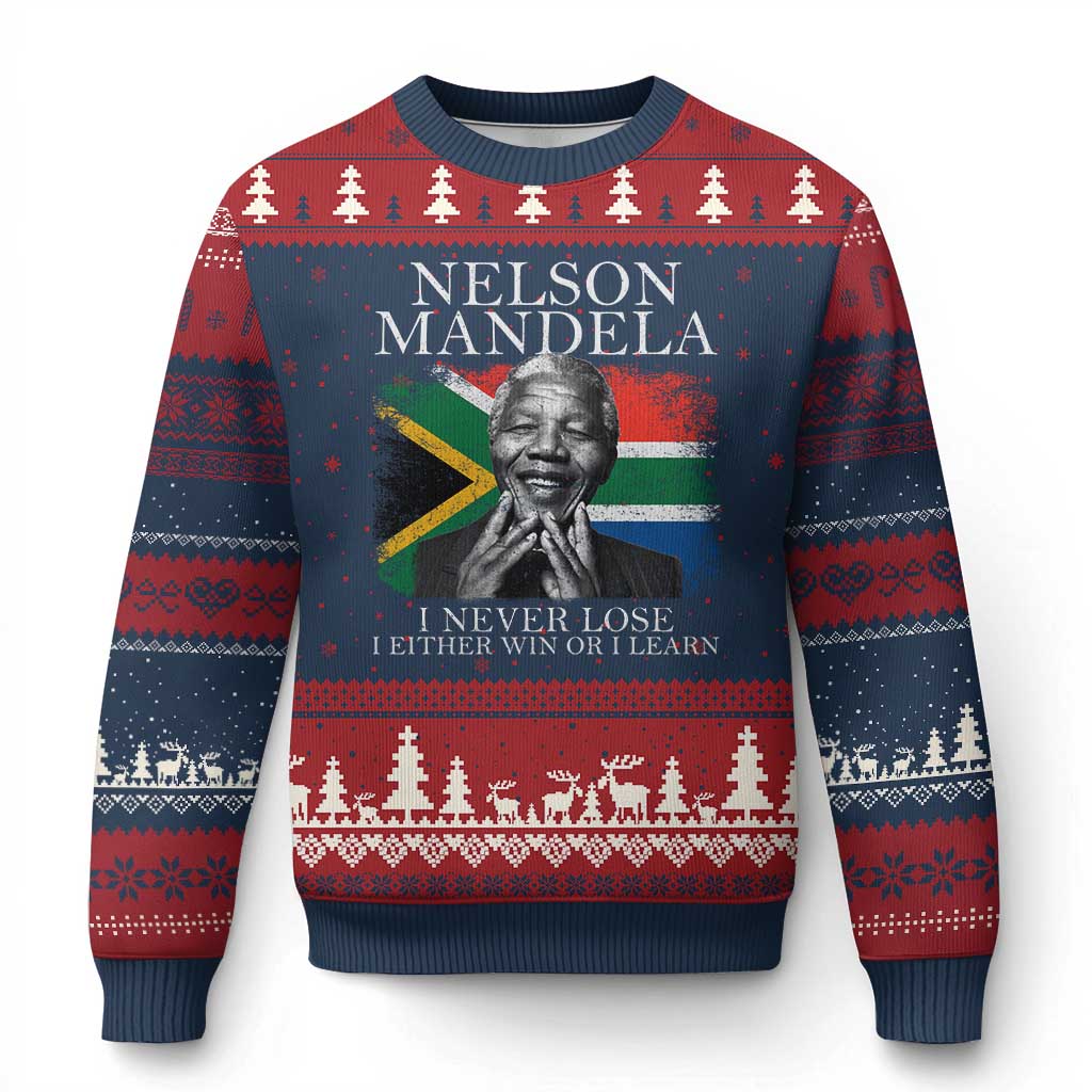 Nelson Mandela Quote Ugly Christmas Sweater I Never Lose I Either Win Or I Learn Vintage South African Flag TS11 Navy Red Print Your Wear