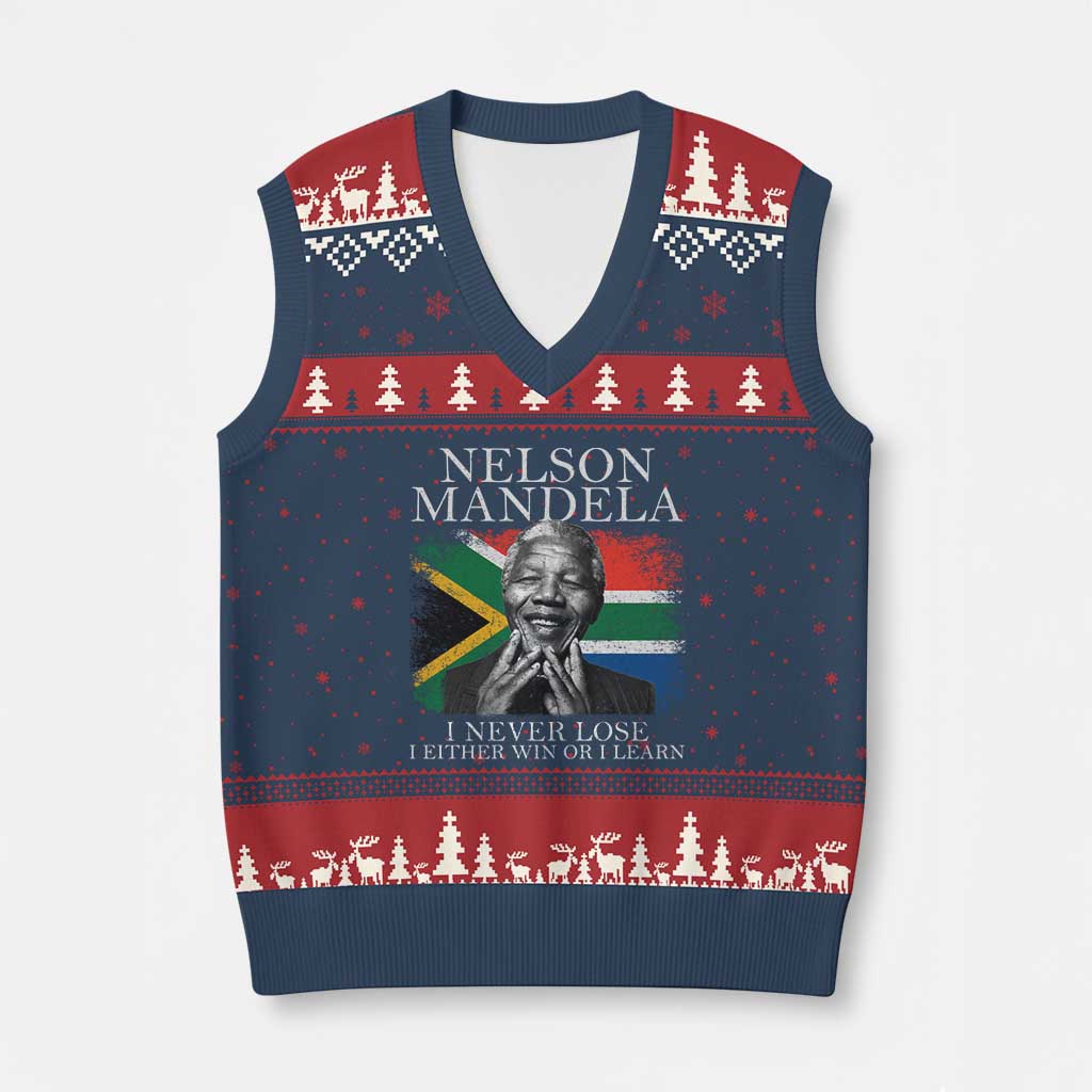 Nelson Mandela Quote V-Neck Knit Sweater Vest I Never Lose I Either Win Or I Learn Vintage South African Flag TS11 Navy Red Print Your Wear