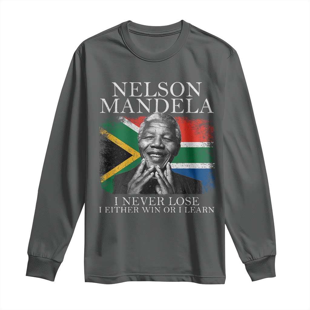 Nelson Mandela Quote Long Sleeve Shirt I Never Lose I Either Win Or I Learn Vintage South African Flag TS11 Dark Heather Print Your Wear