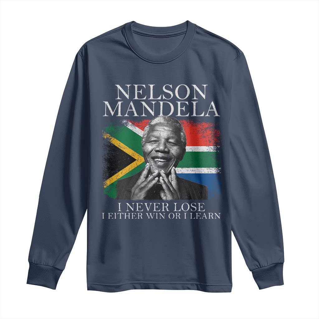 Nelson Mandela Quote Long Sleeve Shirt I Never Lose I Either Win Or I Learn Vintage South African Flag TS11 Navy Print Your Wear
