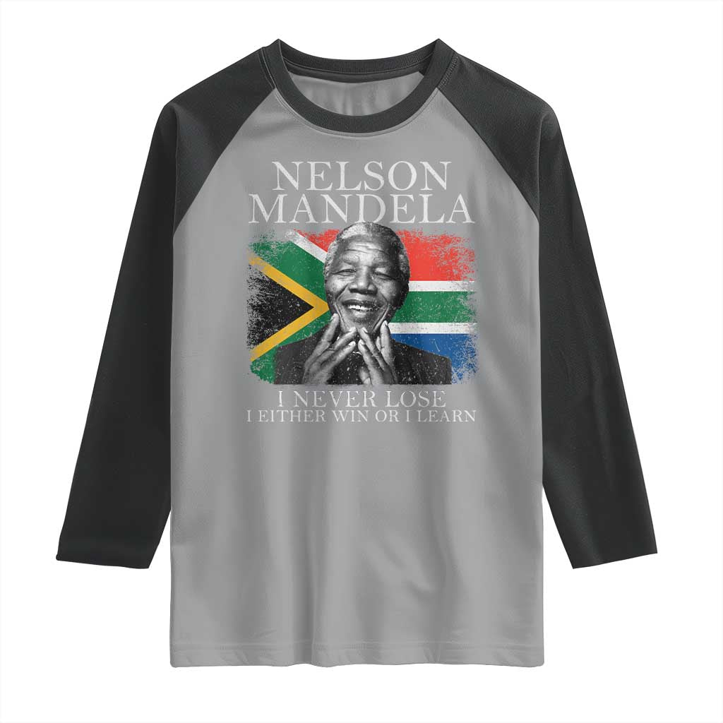 Nelson Mandela Quote Raglan Shirt I Never Lose I Either Win Or I Learn Vintage South African Flag TS11 Sport Gray Black Print Your Wear