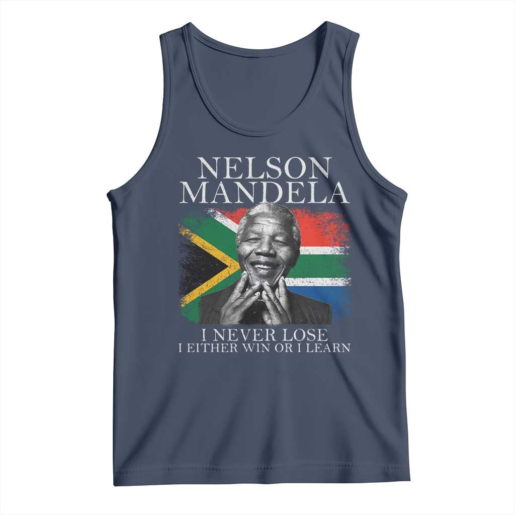 Nelson Mandela Quote Tank Top I Never Lose I Either Win Or I Learn Vintage South African Flag TS11 Navy Print Your Wear