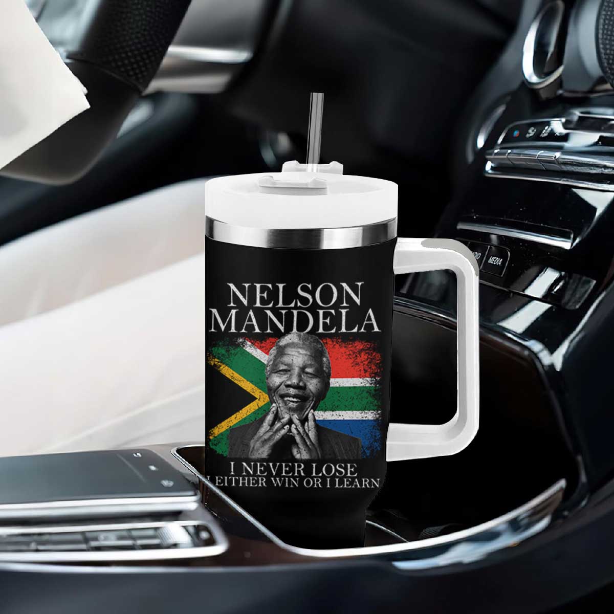 Nelson Mandela Quote Tumbler With Handle I Never Lose I Either Win Or I Learn Vintage South African Flag TS11 Print Your Wear