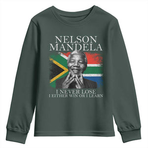 Nelson Mandela Quote Youth Sweatshirt I Never Lose I Either Win Or I Learn Vintage South African Flag TS11 Dark Forest Green Print Your Wear