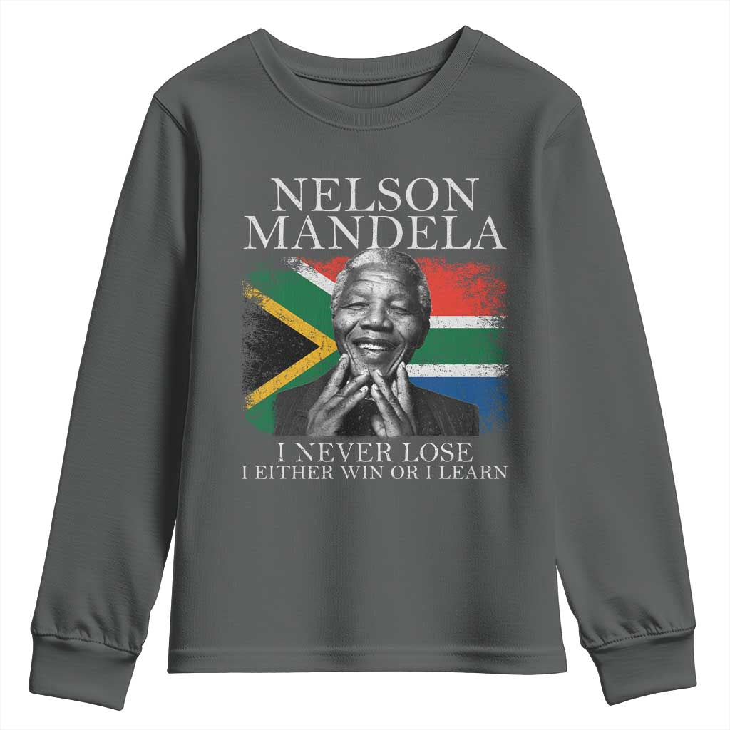 Nelson Mandela Quote Youth Sweatshirt I Never Lose I Either Win Or I Learn Vintage South African Flag TS11 Dark Heather Print Your Wear