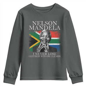 Nelson Mandela Quote Youth Sweatshirt I Never Lose I Either Win Or I Learn Vintage South African Flag TS11 Dark Heather Print Your Wear