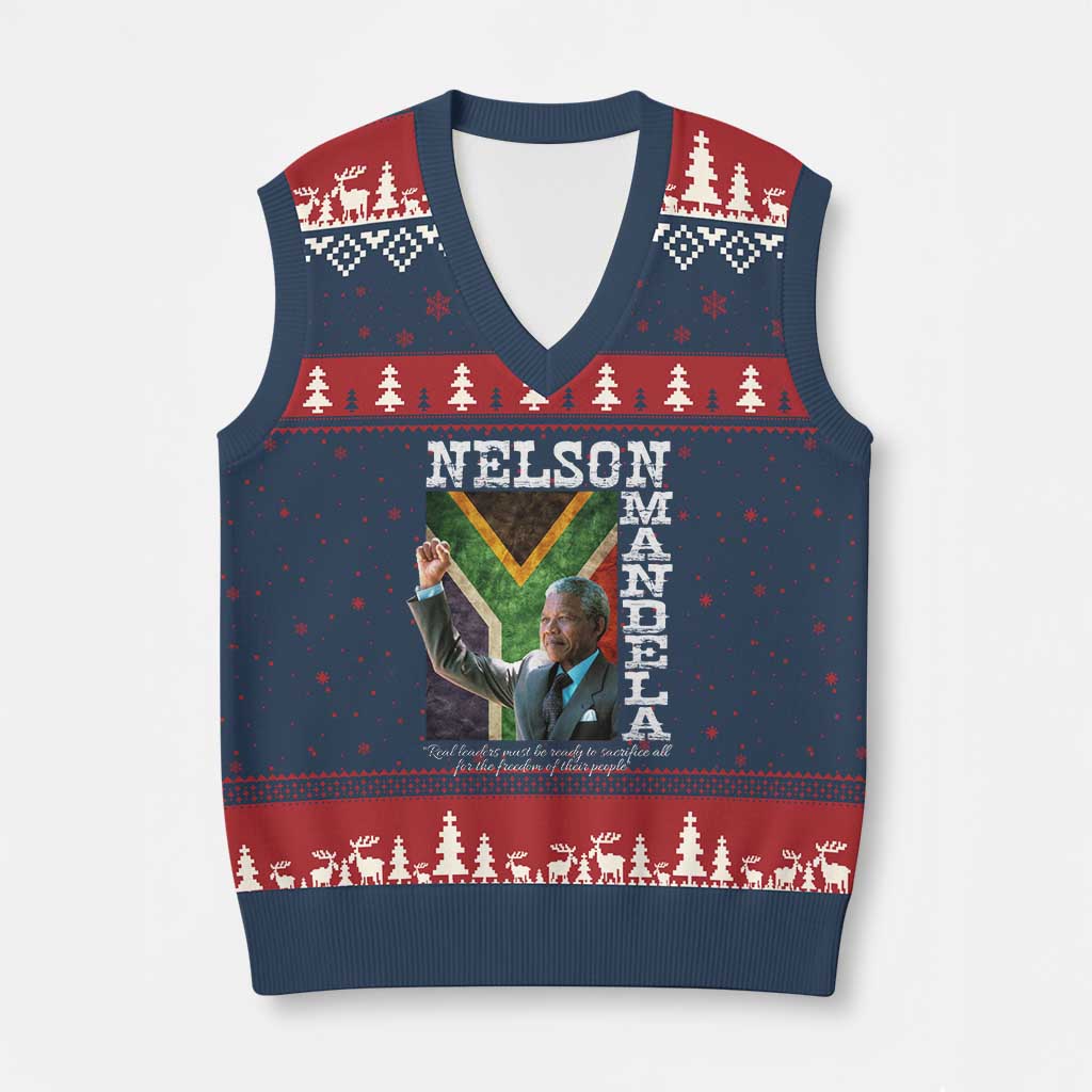 Nelson Mandela Quote V-Neck Knit Sweater Vest Real Leaders Must Be Ready To Sacrifice All For The Freedom TS11 Navy Red Print Your Wear