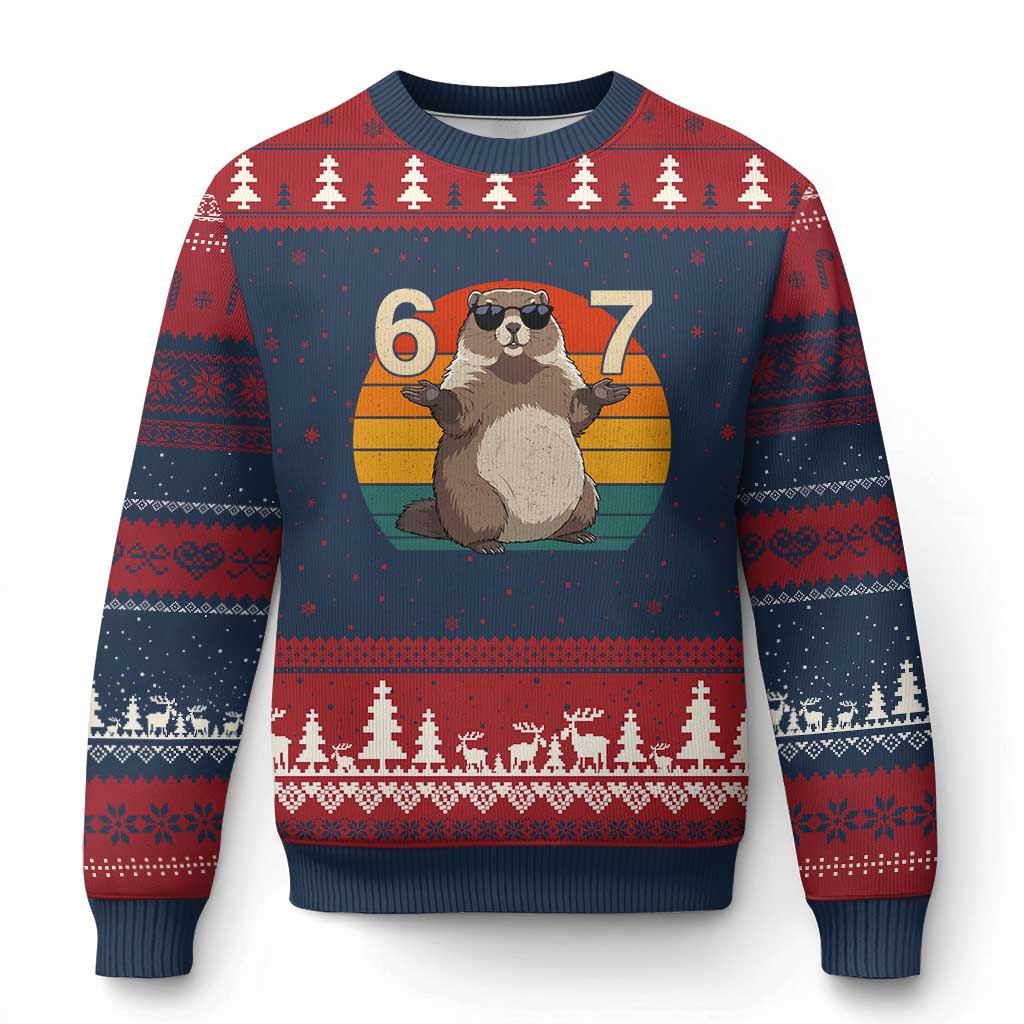 Funny Groundhog 67 Ugly Christmas Sweater Six Seven Meme Retro Vintage Woodchuck Day TS11 Navy Red Print Your Wear