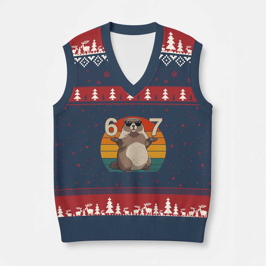 Funny Groundhog 67 V-Neck Knit Sweater Vest Six Seven Meme Retro Vintage Woodchuck Day TS11 Navy Red Print Your Wear