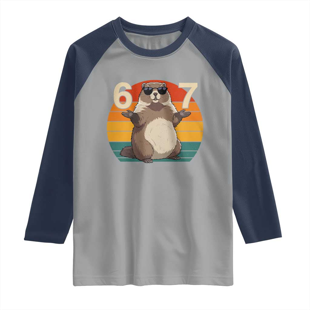 Funny Groundhog 67 Raglan Shirt Six Seven Meme Retro Vintage Woodchuck Day TS11 Sport Gray Navy Print Your Wear