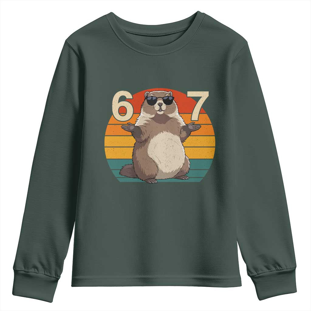 Funny Groundhog 67 Youth Sweatshirt Six Seven Meme Retro Vintage Woodchuck Day TS11 Dark Forest Green Print Your Wear