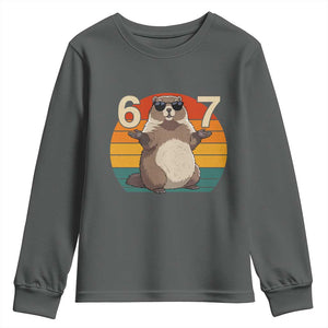 Funny Groundhog 67 Youth Sweatshirt Six Seven Meme Retro Vintage Woodchuck Day TS11 Dark Heather Print Your Wear