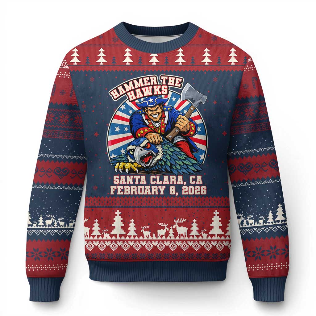 Funny Football Rivarly Ugly Christmas Sweater Hammer The Hawk New England Minutemen Championship TS11 Navy Red Print Your Wear