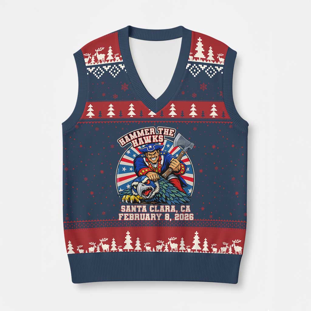 Funny Football Rivarly V-Neck Knit Sweater Vest Hammer The Hawk New England Minutemen Championship TS11 Navy Red Print Your Wear