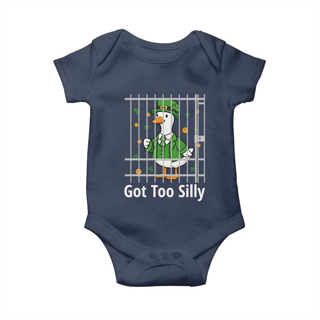 Funny Got Too Silly St Patricks Day Baby Onesie Goose Pun Humor Animal Lovers Shamrock TS11 Navy Print Your Wear