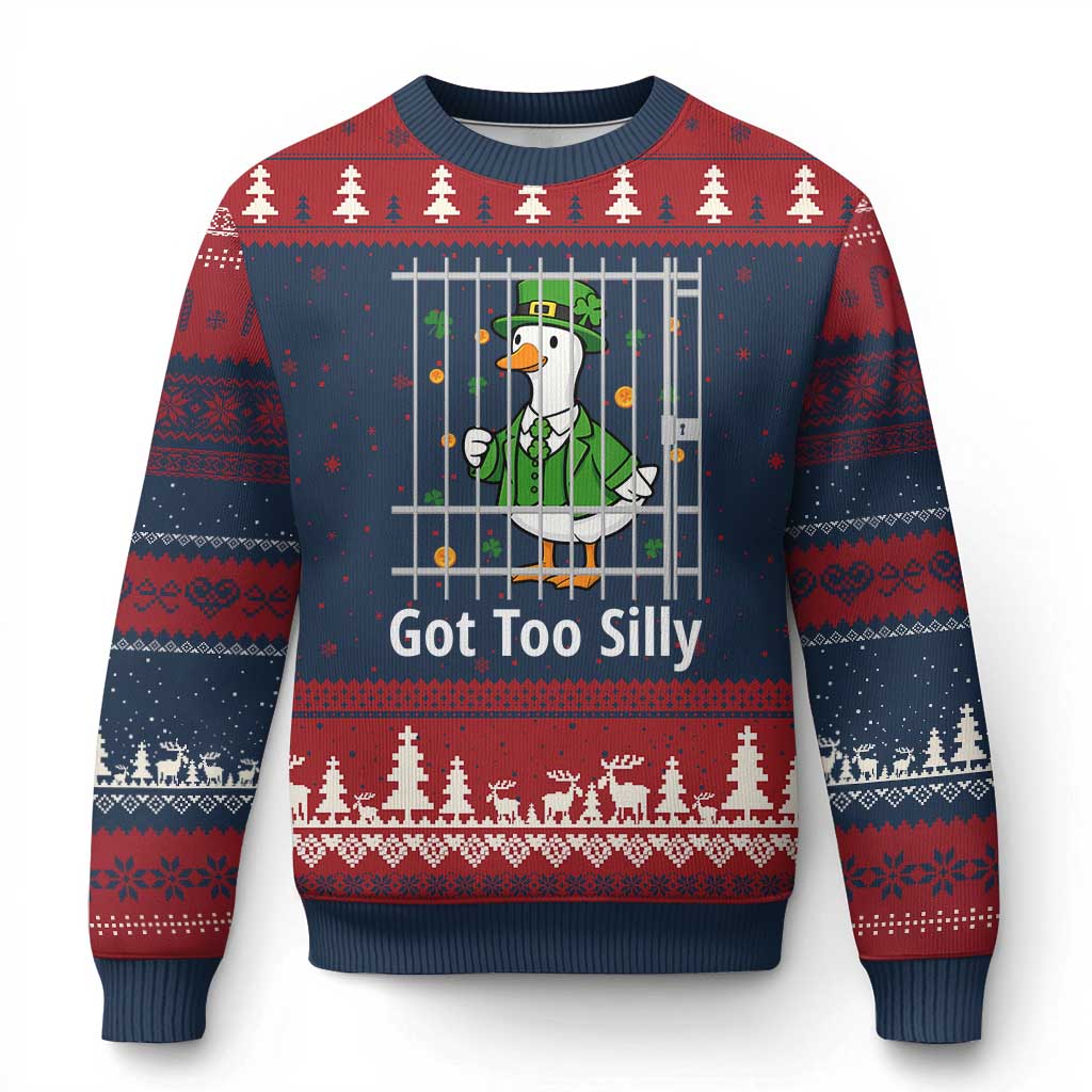 Funny Got Too Silly St Patricks Day Ugly Christmas Sweater Goose Pun Humor Animal Lovers Shamrock TS11 Navy Red Print Your Wear