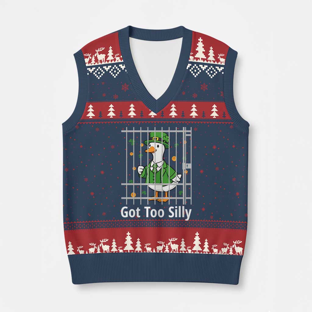 Funny Got Too Silly St Patricks Day V-Neck Knit Sweater Vest Goose Pun Humor Animal Lovers Shamrock TS11 Navy Red Print Your Wear