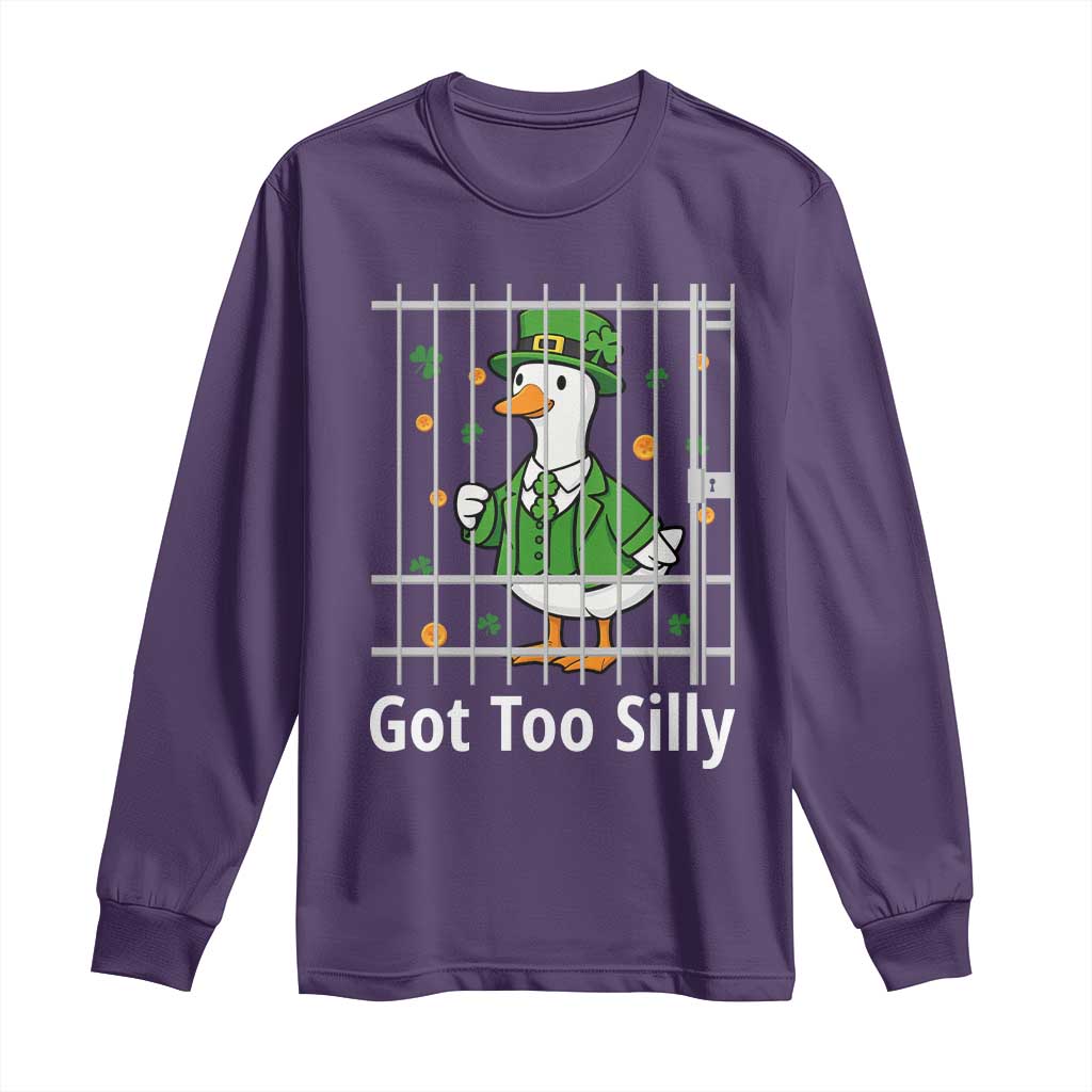 Funny Got Too Silly St Patricks Day Long Sleeve Shirt Goose Pun Humor Animal Lovers Shamrock TS11 Purple Print Your Wear