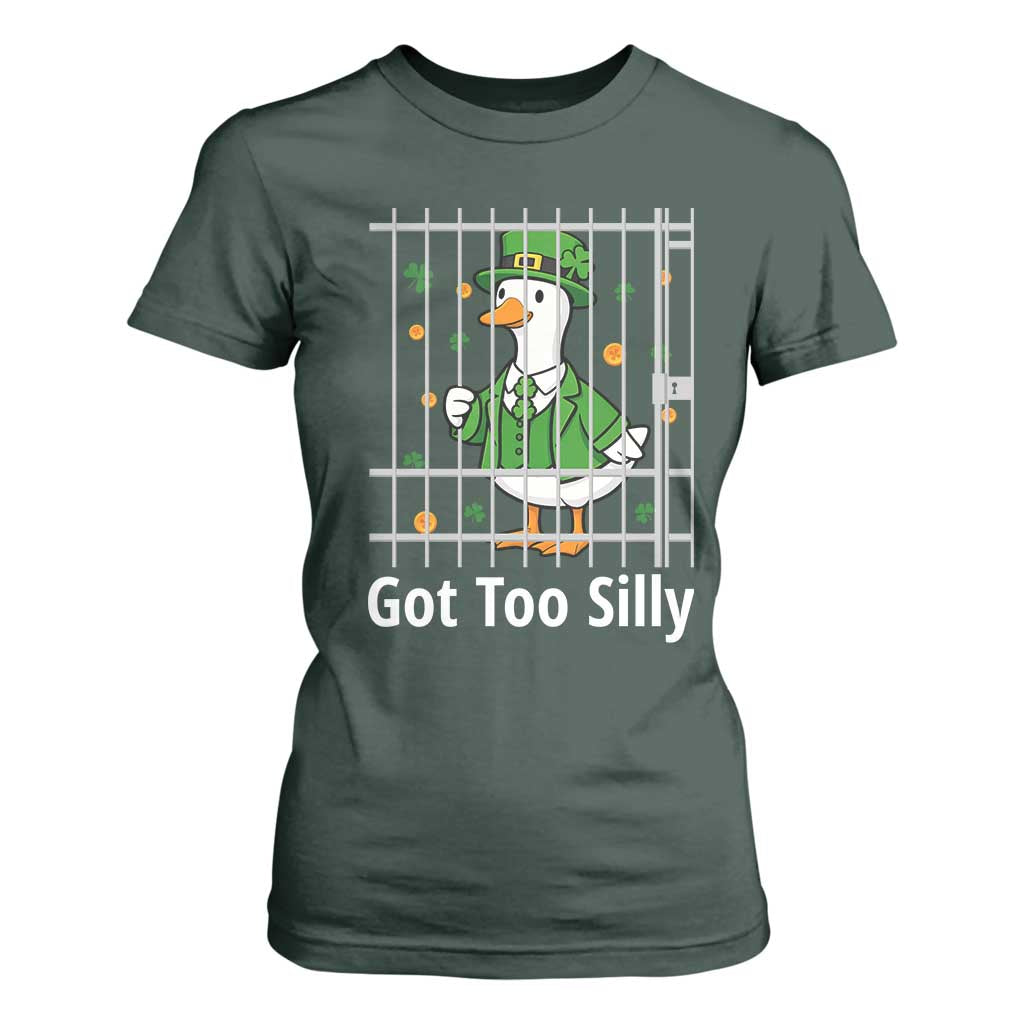 Funny Got Too Silly St Patricks Day T Shirt For Women Goose Pun Humor Animal Lovers Shamrock TS11 Dark Forest Green Print Your Wear