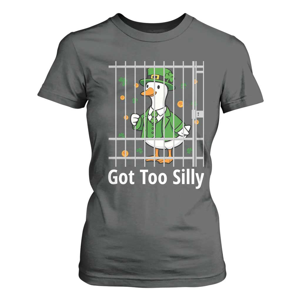 Funny Got Too Silly St Patricks Day T Shirt For Women Goose Pun Humor Animal Lovers Shamrock TS11 Dark Heather Print Your Wear