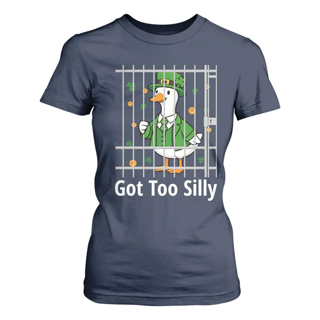 Funny Got Too Silly St Patricks Day T Shirt For Women Goose Pun Humor Animal Lovers Shamrock TS11 Navy Print Your Wear