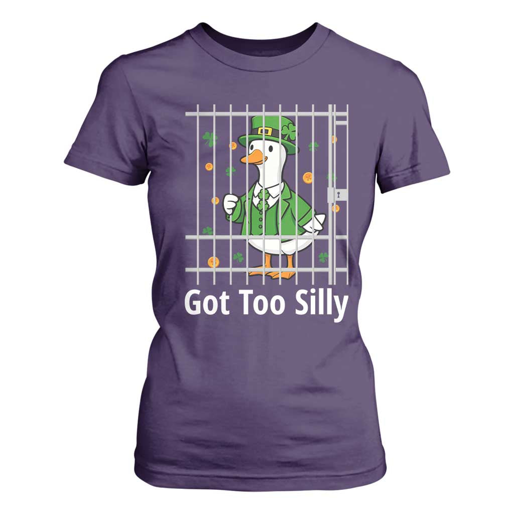 Funny Got Too Silly St Patricks Day T Shirt For Women Goose Pun Humor Animal Lovers Shamrock TS11 Purple Print Your Wear