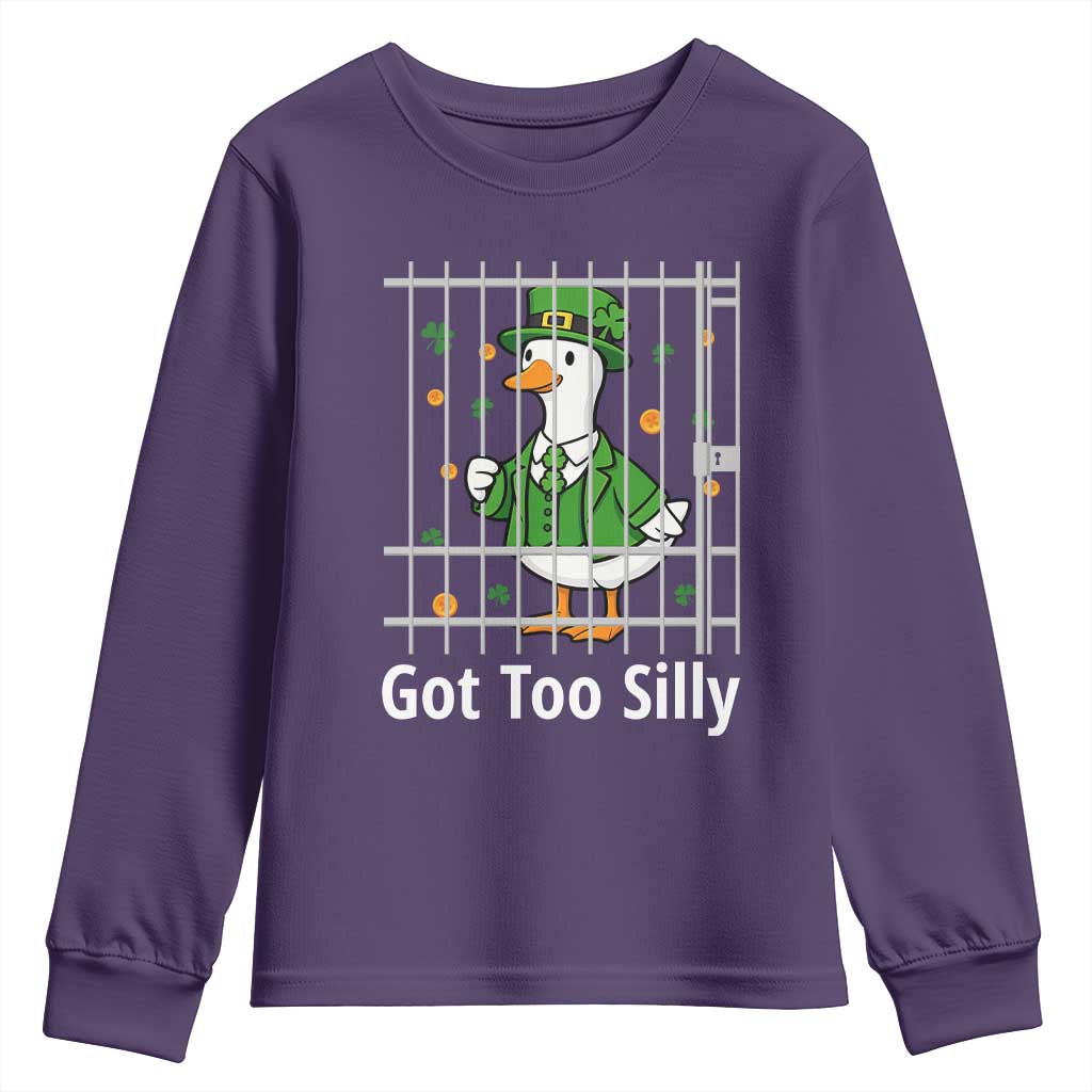 Funny Got Too Silly St Patricks Day Youth Sweatshirt Goose Pun Humor Animal Lovers Shamrock TS11 Purple Print Your Wear