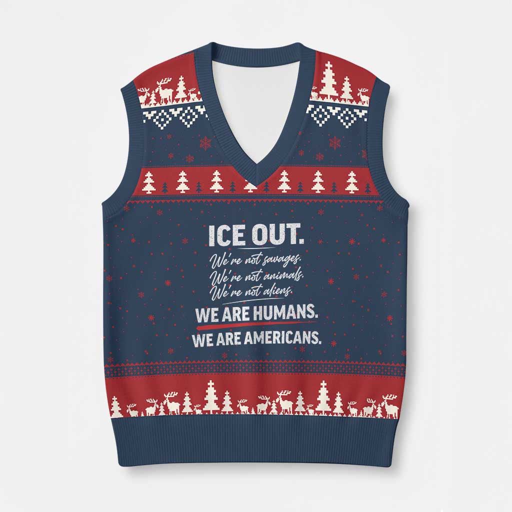Ice Out We Are Humans We Are Americans V-Neck Knit Sweater Vest Abolish Ice Protest Statement TS11 Navy Red Print Your Wear