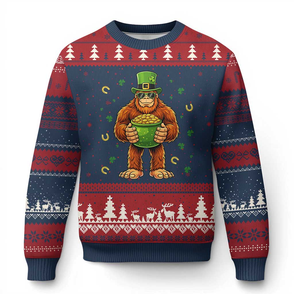 Funny St Patricks Day Bigfoot Lucky Pot Gold Sunglasses Sasquatch Ugly Christmas Sweater TS11 Navy Red Print Your Wear