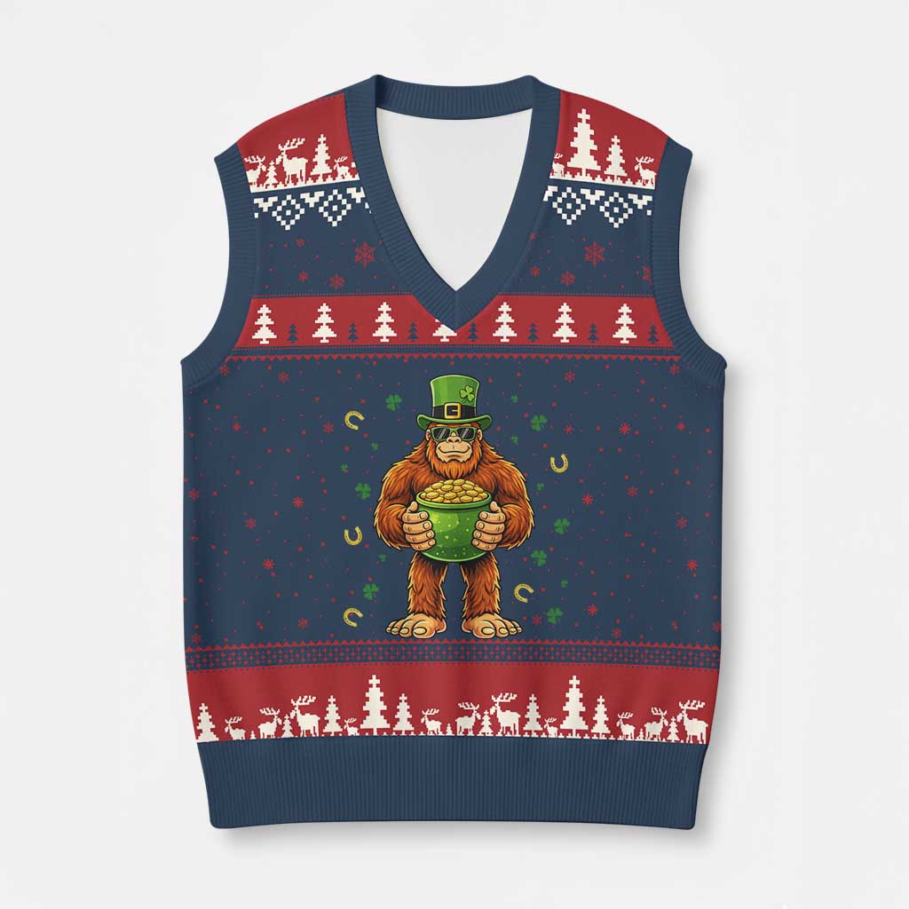 Funny St Patricks Day Bigfoot Lucky Pot Gold Sunglasses Sasquatch V-Neck Knit Sweater Vest TS11 Navy Red Print Your Wear
