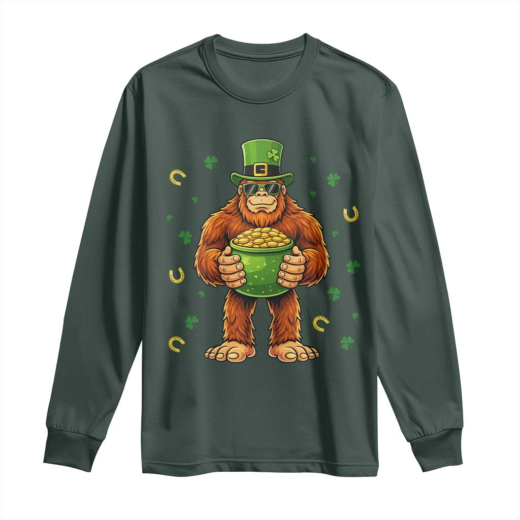 Funny St Patricks Day Bigfoot Lucky Pot Gold Sunglasses Sasquatch Long Sleeve Shirt TS11 Dark Forest Green Print Your Wear