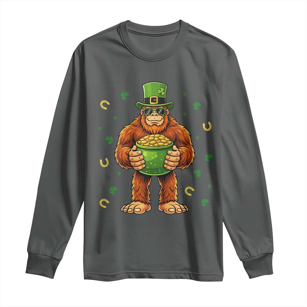 Funny St Patricks Day Bigfoot Lucky Pot Gold Sunglasses Sasquatch Long Sleeve Shirt TS11 Dark Heather Print Your Wear