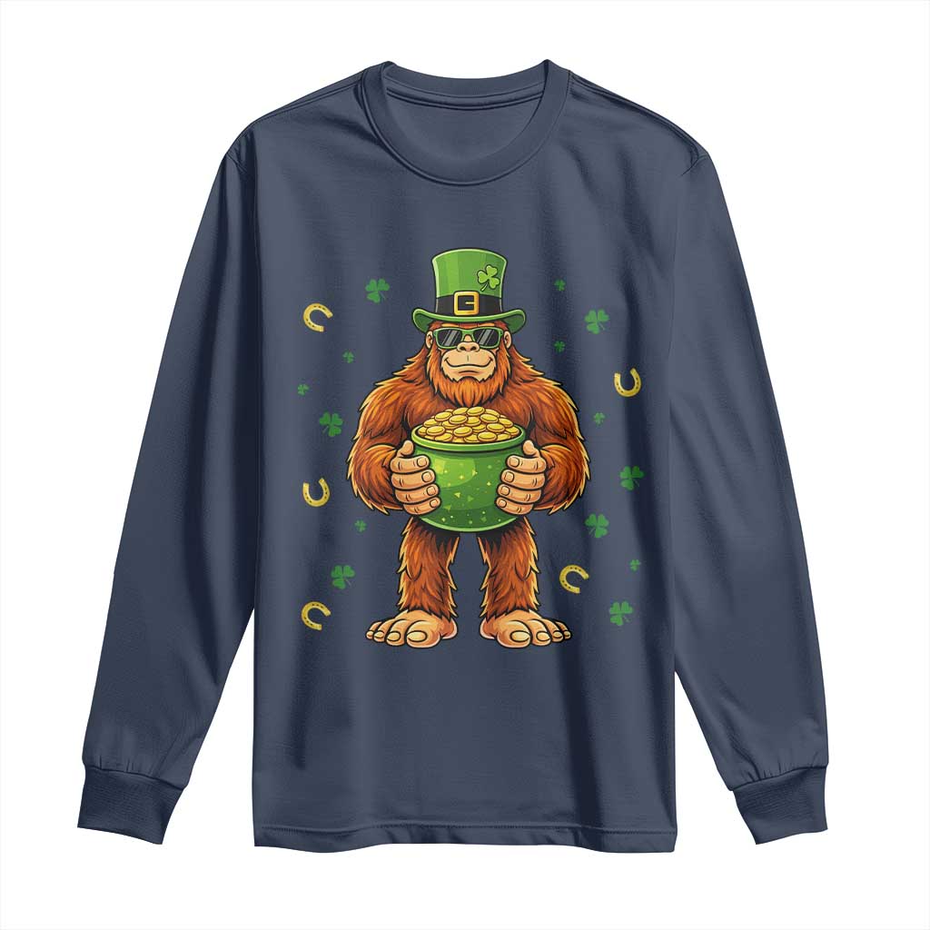 Funny St Patricks Day Bigfoot Lucky Pot Gold Sunglasses Sasquatch Long Sleeve Shirt TS11 Navy Print Your Wear