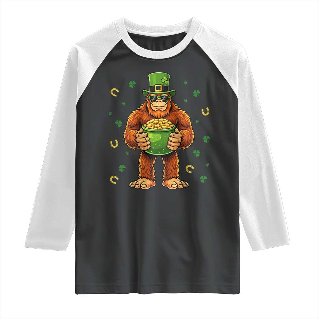 Funny St Patricks Day Bigfoot Lucky Pot Gold Sunglasses Sasquatch Raglan Shirt TS11 Black White Print Your Wear