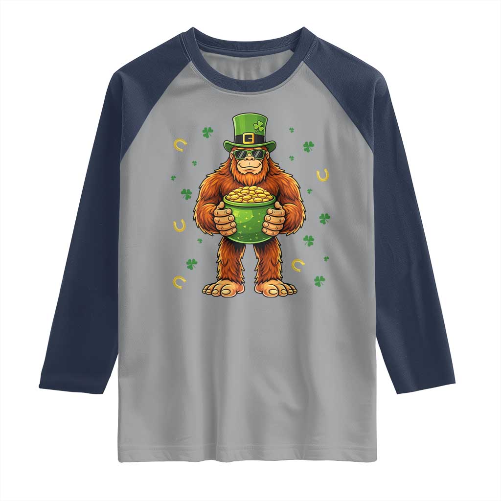 Funny St Patricks Day Bigfoot Lucky Pot Gold Sunglasses Sasquatch Raglan Shirt TS11 Sport Gray Navy Print Your Wear