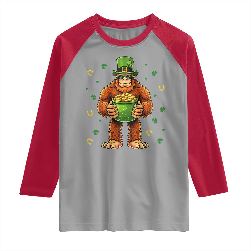 Funny St Patricks Day Bigfoot Lucky Pot Gold Sunglasses Sasquatch Raglan Shirt TS11 Sport Gray Red Print Your Wear