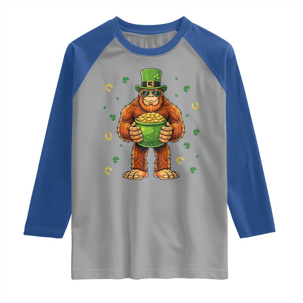 Funny St Patricks Day Bigfoot Lucky Pot Gold Sunglasses Sasquatch Raglan Shirt TS11 Sport Gray Royal Print Your Wear