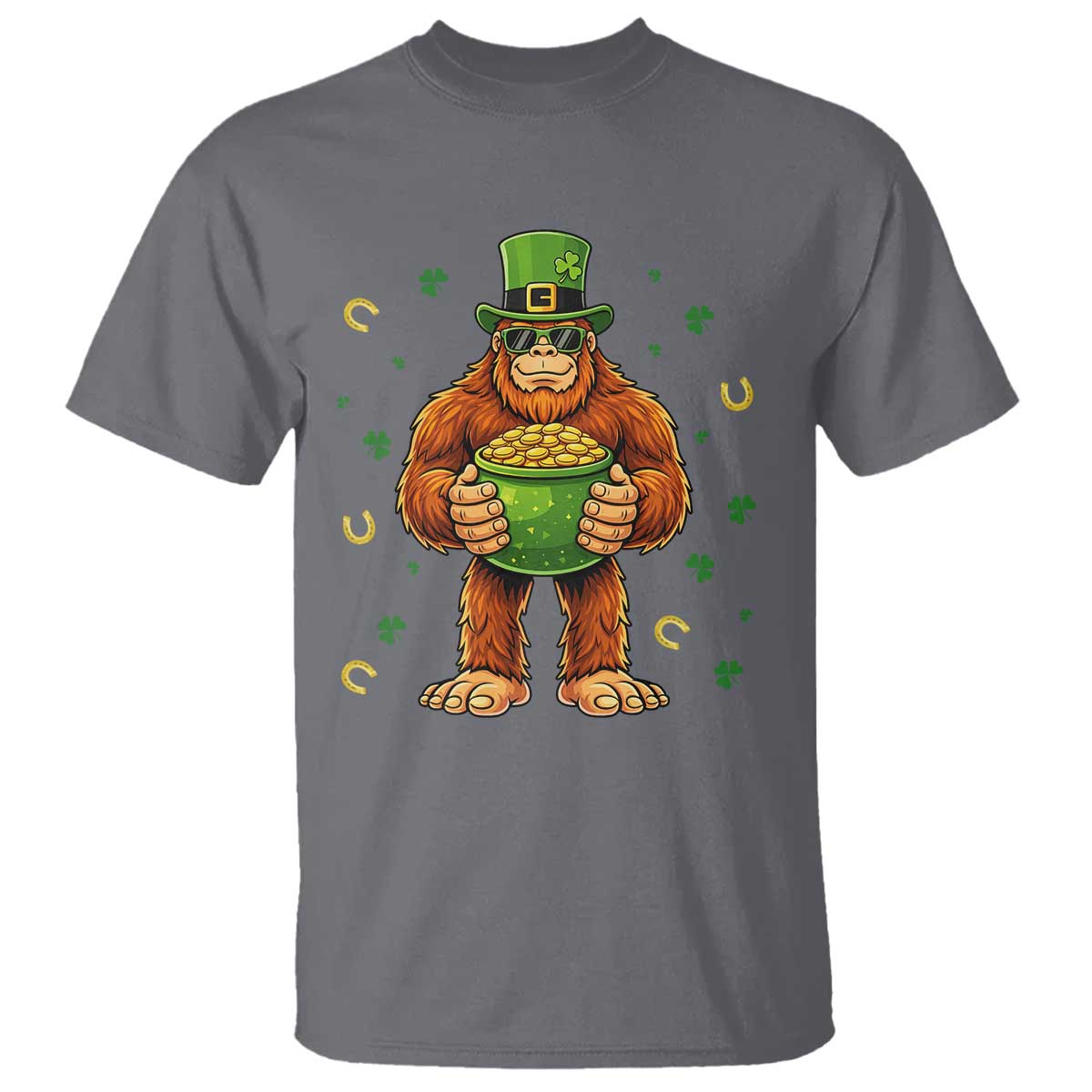 Funny St Patricks Day Bigfoot Lucky Pot Gold Sunglasses Sasquatch T Shirt TS11 Charcoal Print Your Wear