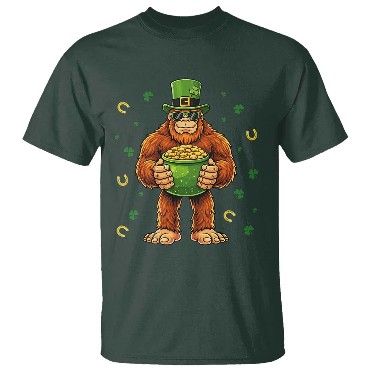 Funny St Patricks Day Bigfoot Lucky Pot Gold Sunglasses Sasquatch T Shirt TS11 Dark Forest Green Print Your Wear