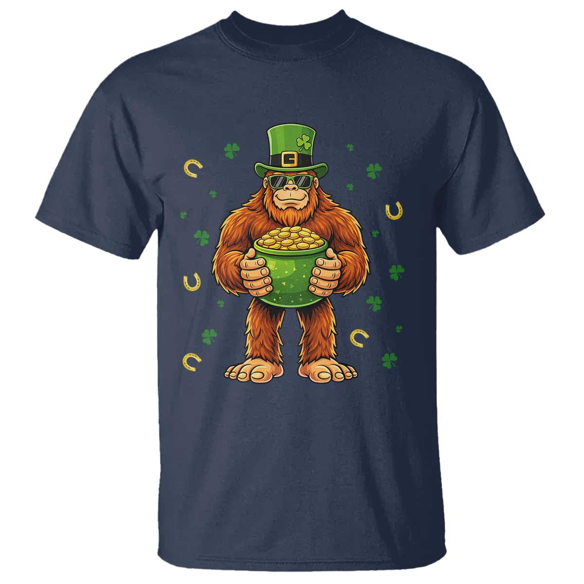 Funny St Patricks Day Bigfoot Lucky Pot Gold Sunglasses Sasquatch T Shirt TS11 Navy Print Your Wear