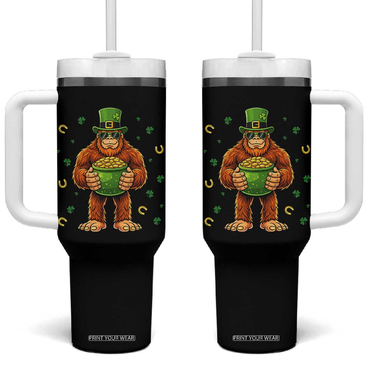 Funny St Patricks Day Bigfoot Lucky Pot Gold Sunglasses Sasquatch Tumbler With Handle TS11 One Size: 40 oz Black Print Your Wear